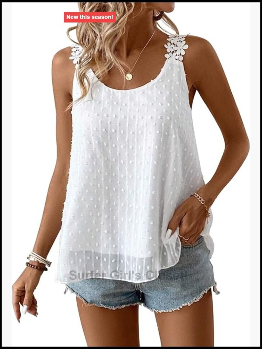 Flowy Sleeveless Boho Tank Top with Lace and Swiss Dot Detail